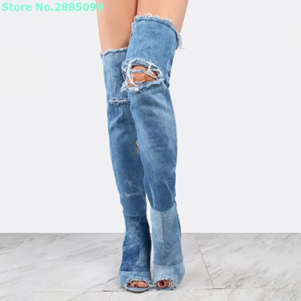 Denim Hole Peep Toe Boots Thin High Heels Over The Knee Side Zipper Solid Ladies Spring Autume Long Boots Shoes Party Dress