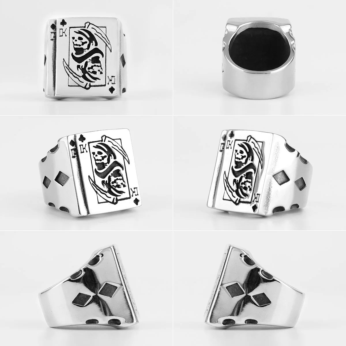 Grim Reaper Poker King Skull Stainless Steel Mens Rings Gothic Punk for Male Boyfriend Biker Jewelry Creativity Gift Wholesale