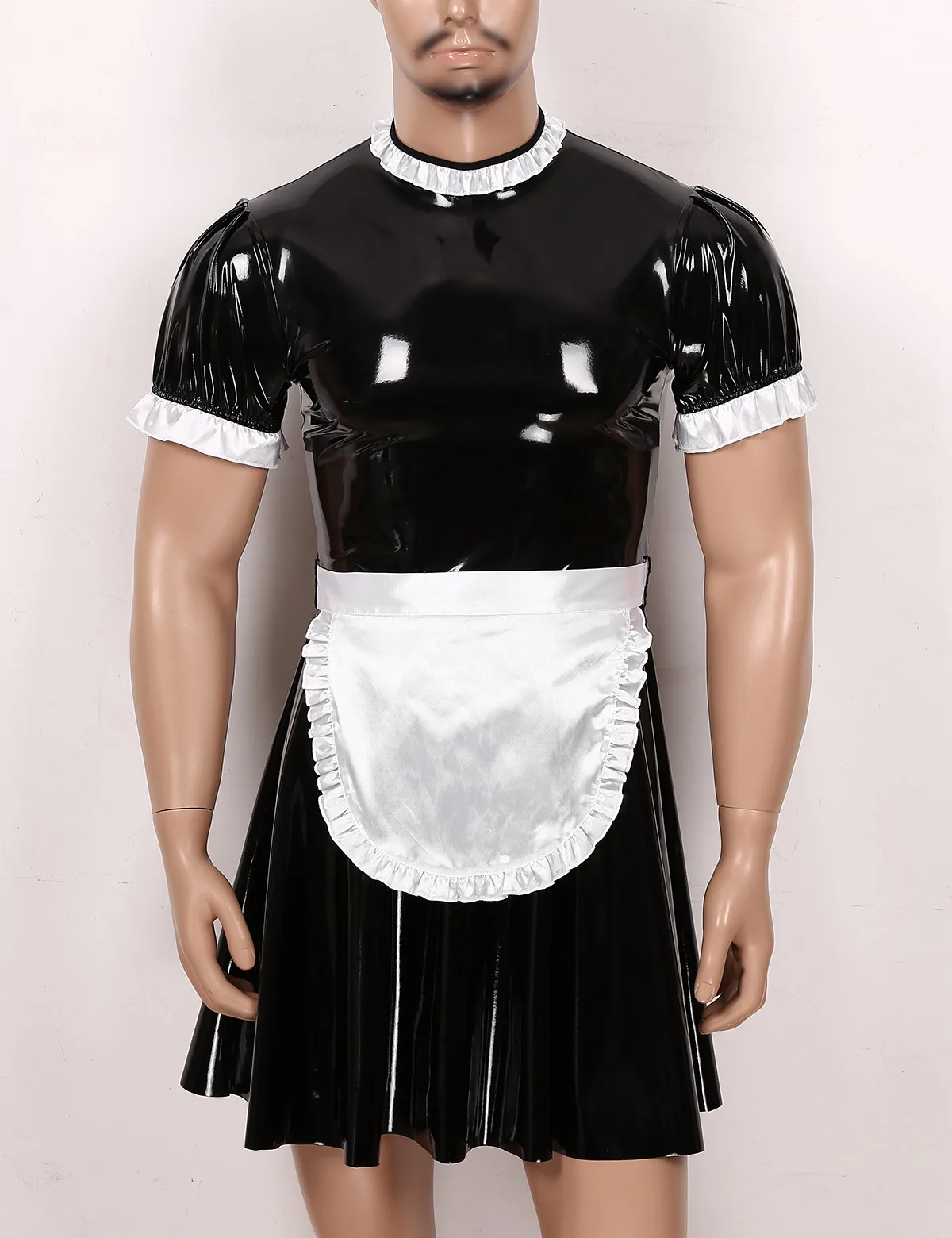 Men Maid Uniform Outfit Patent Leather Short Puff Sleeve Zipper Dress with Apron Costume Sexy Sissy Crossdressing Fancy Dresses