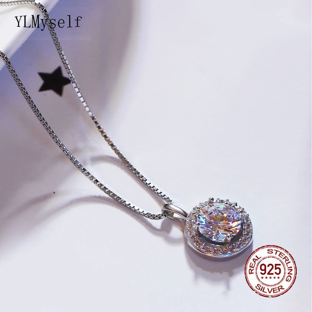 

Pure 925 Sterling Silver Round Pendant Necklace Fast shipping Shiny Zircon Silver Chain Suspension Jewellery Fine Jewelry