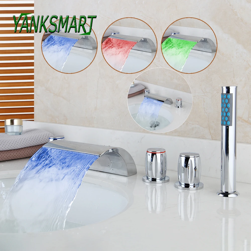 

YANKSMART Luxury LED Light Chrome Polished Bathroom Faucet Bathtub Basin 5 Pcs Set Deck Mounted Waterfall Sink Mixer Tap