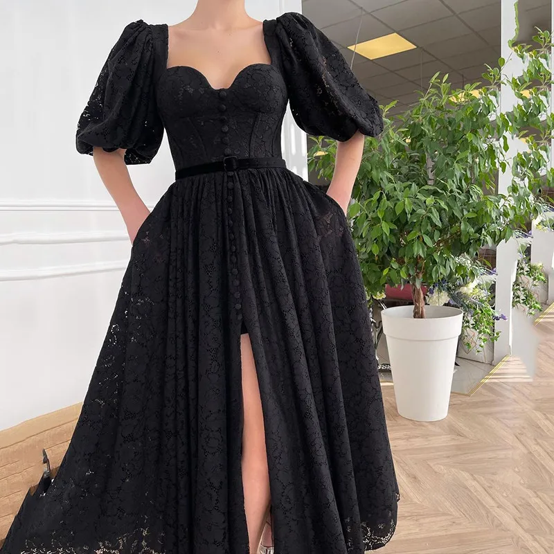 

BridalAffair A-Line Black Prom Dress with Pockets Sweetheart Puff Sleeves Lace Evening Party Gowns Celebrate Dress Custom Made