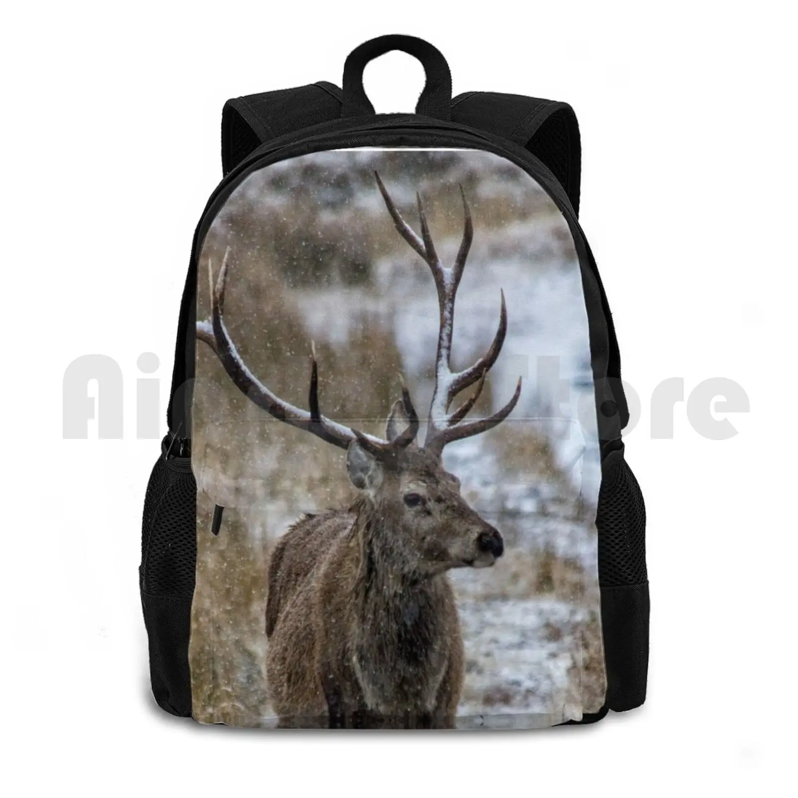 Twelve Point Stag In The Snow Outdoor Hiking Backpack Waterproof Camping Travel Animal Antlers Big Brown Buck Cautious Coat