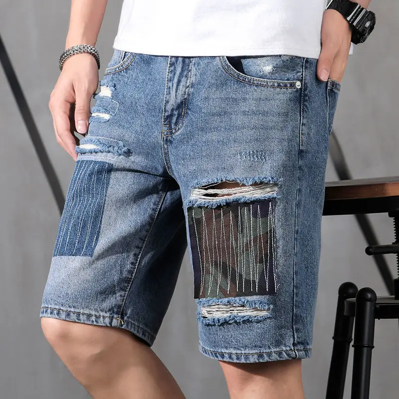 

Denim shorts men's loose summer holes Harlan trend men's casual overalls new demin short jeans clothes trouser pant