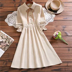 Mori girl cute sweet solid beige dress autumn fashion long sleeve dress for women