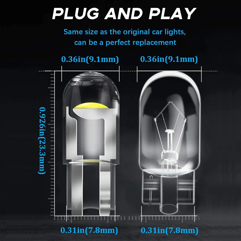 10/50 PCS Car LED COB Bulb T10 W5W Signal Light 12V 7500K White Auto Interior Dome Reading License Plate Lamps Wedge Side Bulbs