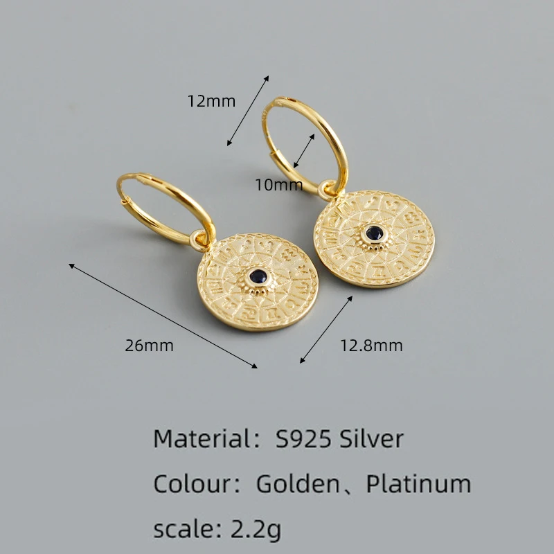 WOOZU Genuine 925 Sterling Silver Fashion 12 Constellation Disc Pendant Drop Earrings For Women Party Ethnic Punk Jewelry Gift