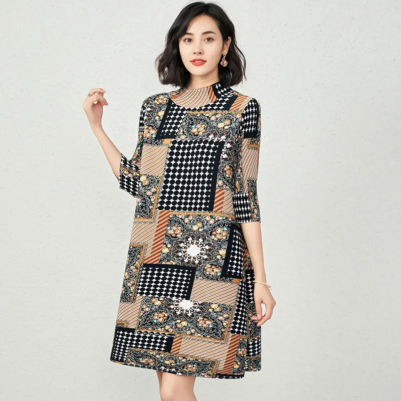 

2021 autumn vintage print mother dress miyake pleated three-quarter sleeves loose thin half-high collar knee-length dress