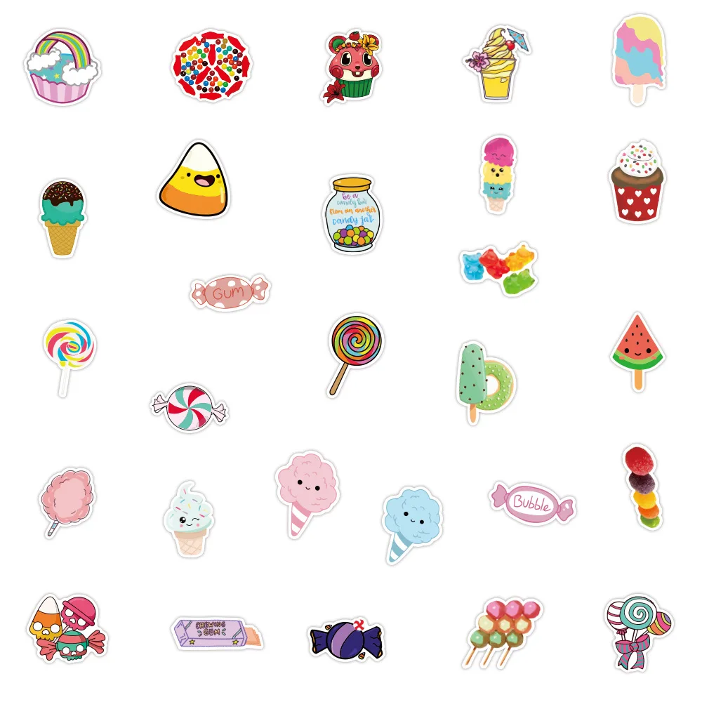 Autocollants de dessin animé Kawaii pour enfants, bonbons, crème glacée, nourriture, vélo, planche à roulettes, réfrigérateur, ordinateur portable, bagage, cadeau amusant, bricolage, 10 pièces, 30 pièces, 50 pièces