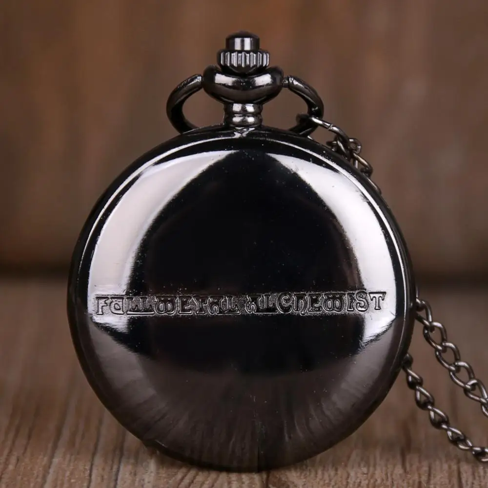 Classic Movie Edward Elric Cosplay Quartz Pocket Watch Vintage Black Pendant Necklace Men Women Fob Watch