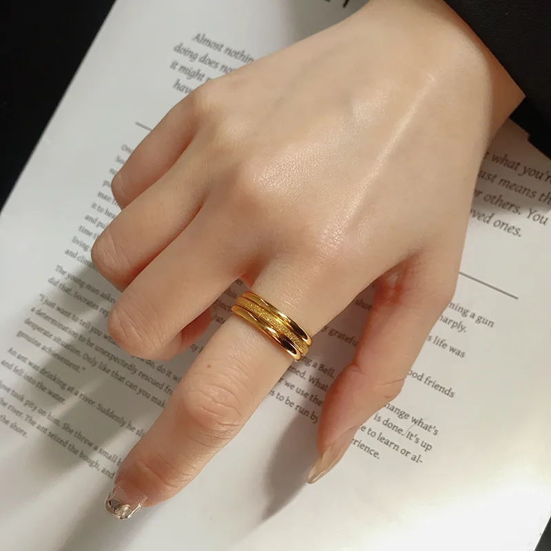 YUN RUO 2021 Three-piece Suit Exquisite Frosted Gold Ring Sets Woman Stainless Steel 18K Gold Plated Fashion Jewelry Water Proof