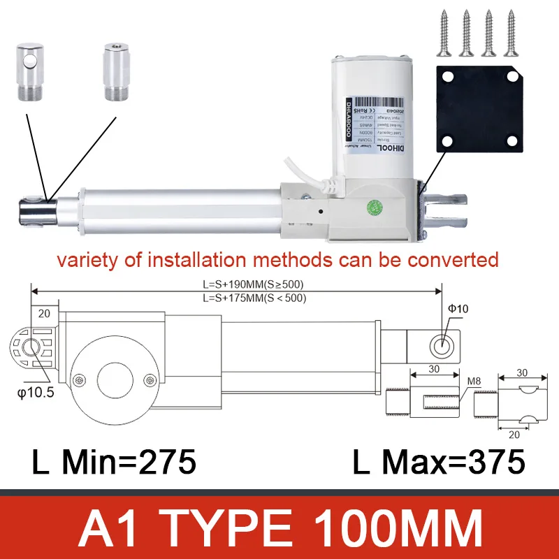 DHLA8000 100MM Stroke Large Thrust Electric Linear Actuator 8000N 800KG 1800LB 12v 24v DC Telescopic Motor Wireless Controller