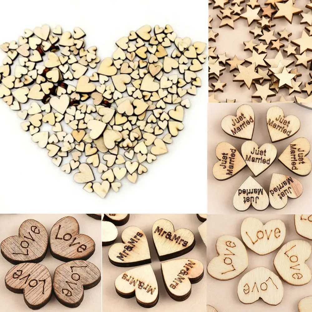 100pcs Rustic Wooden Love Heart  five-pointed Strar Mr. Mrs. Just Married Wedding Table Scatter Decoration Wood Crafts