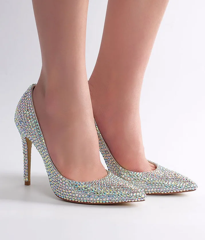 Luxury Full Rhinestone Wedding Pumps Glitter Crystal Stiletto Heels Pointed Toe 10 Cm High Heels Ladies Evening Dress Shoes