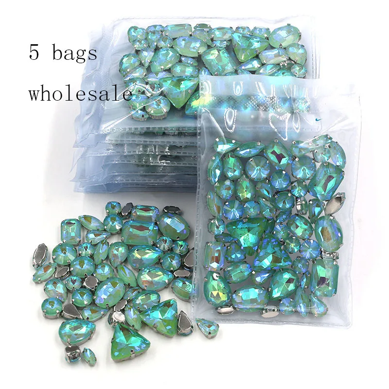 Clothing Accessories Wholesale 5 Bags Mixed Shape Glass Crystal Sliver Base Green AB Mocha Sew on Rhinestones Diy Wedding Dress