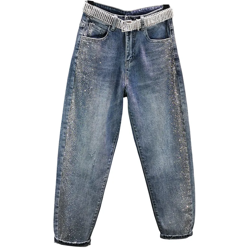 

Hot rhinestone jeans women 2022 spring new fashion high waist loose cross pants