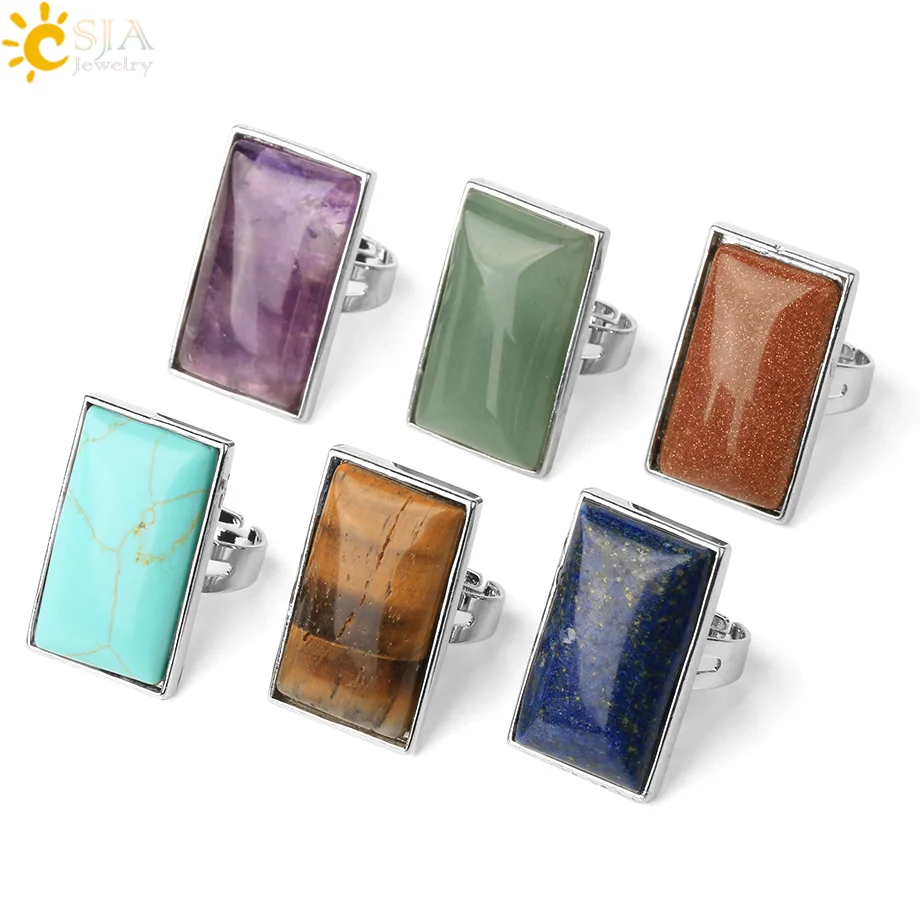 CSJA Rectangle Natural Stones Finger Rings Silver-color Adjustable Ring Healing Crystal Pink Quartz Women Statement Jewelry G456