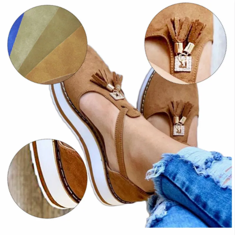 KAMUCC New Women Summer Sandals Fashion Buckle Strap Solid Fringe Cover Heel Flat Platform Heel Casual Ladies Plus Size Sandals