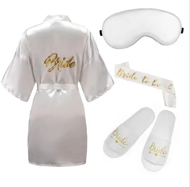 

4pc set of bride robe eyemask slippers sash bridesmaid kimono wedding bridal party Bachelorette bathrobe getting ready robes