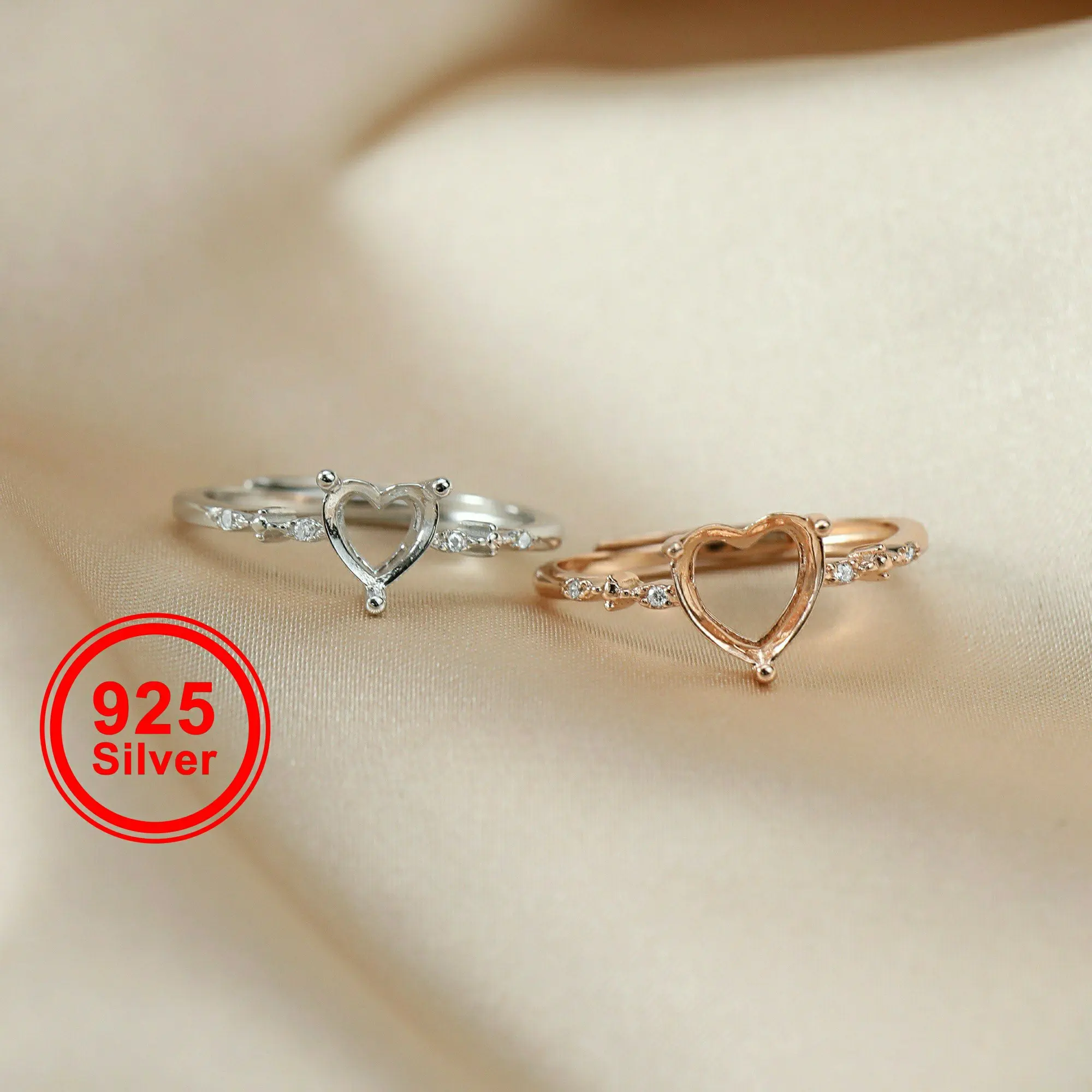 

6-9MM heart bezel rose gold silver Gemstone CZ stone prong bezel solid 925 sterling silver adjustable ring settings 1294139