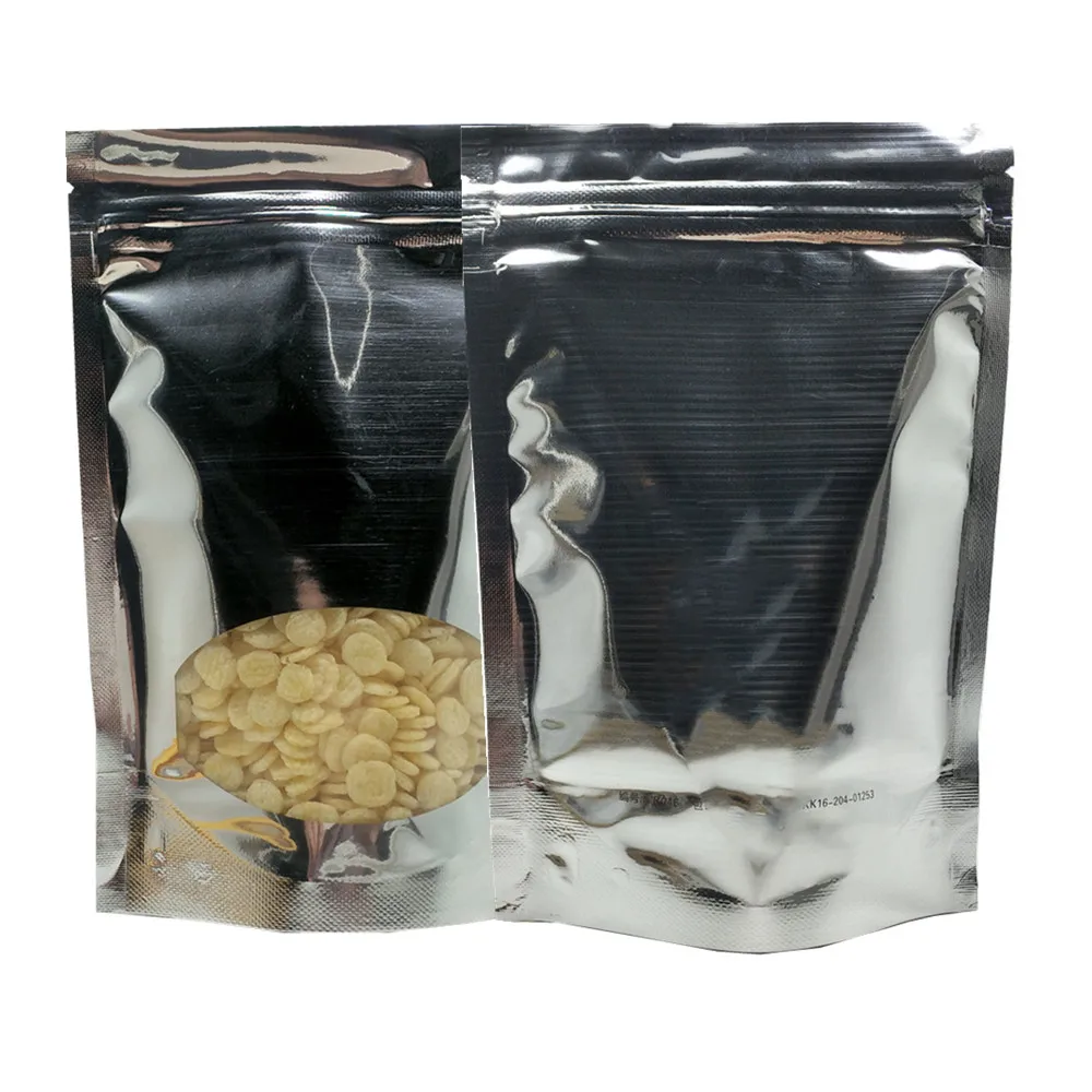 

Silver Stand Up Zip Lock Package Bags With Round Plastic Window Zipper Aluminum Foil Bag for Dried Flower Fruit Snacks Storage