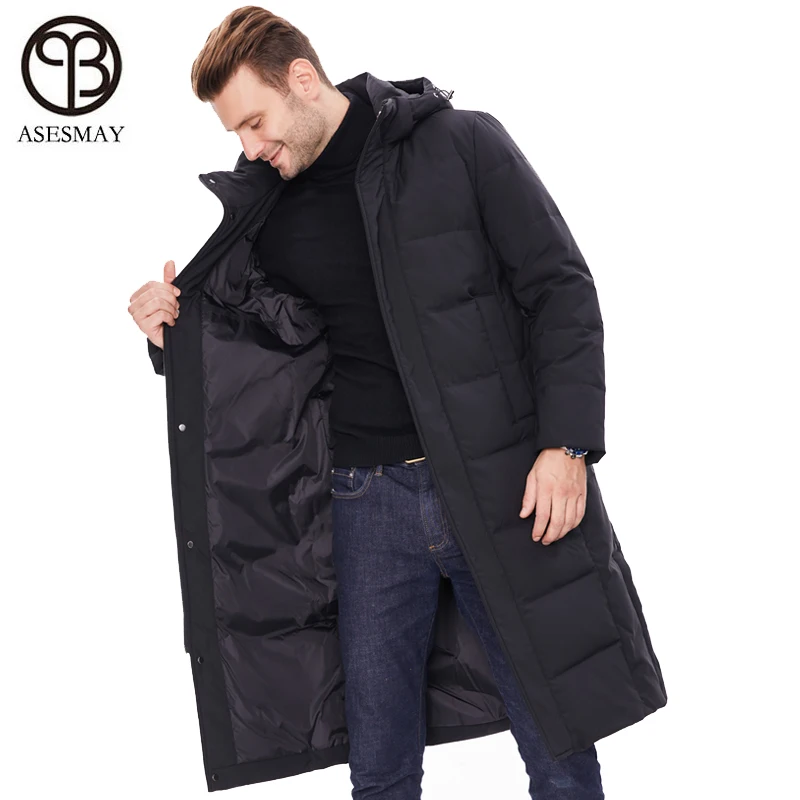 Asesmay brand men winter jacket 90% white duck down coats hooded parkas x-long keep warm male down jacket overknee outerwear