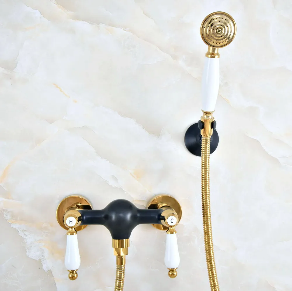 Wall Mounted Black Gold Color Brass Bathroom Two Ceramic Handles Shower Faucet Mixer Tap Set Telephone Shape Hand Spray ana501