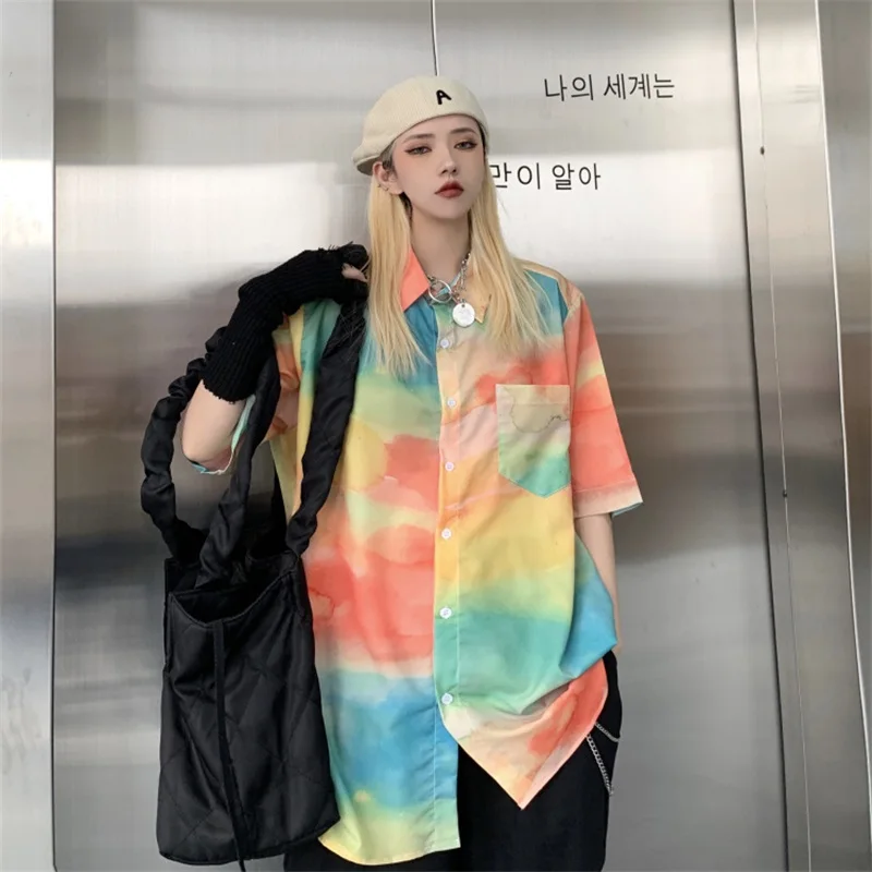 Korean Streetwear Harajuku Style Shirt Vintage Tie dye Printing Design Short Sleeve Casual Single Breasted Loose Blouses Shirt