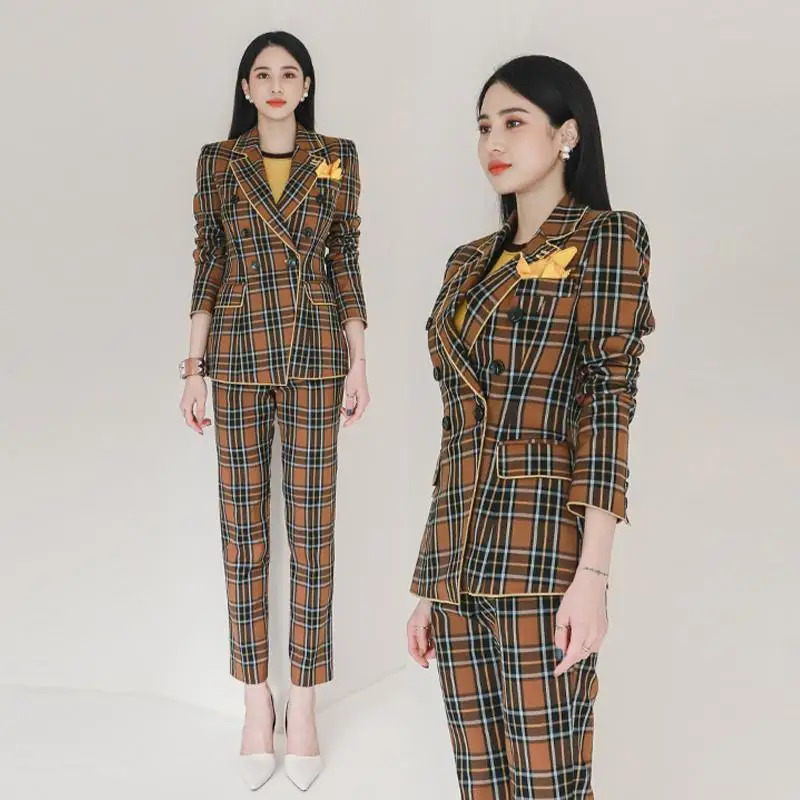 

Spring Autumn Vogue Women's Pantsuit Slim Elegant British Style Coffee Plaid Blazer Jacket High Waist Pants Two-Piece Suit Set