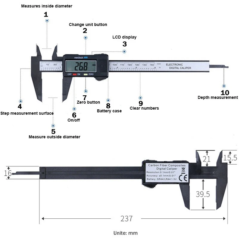 PROSTORMER 눈금자 버니어 켈리퍼 플라스틱 LCD 디지털 전자 탄소 섬유 측정 도구, 0-150mm, 6 인치