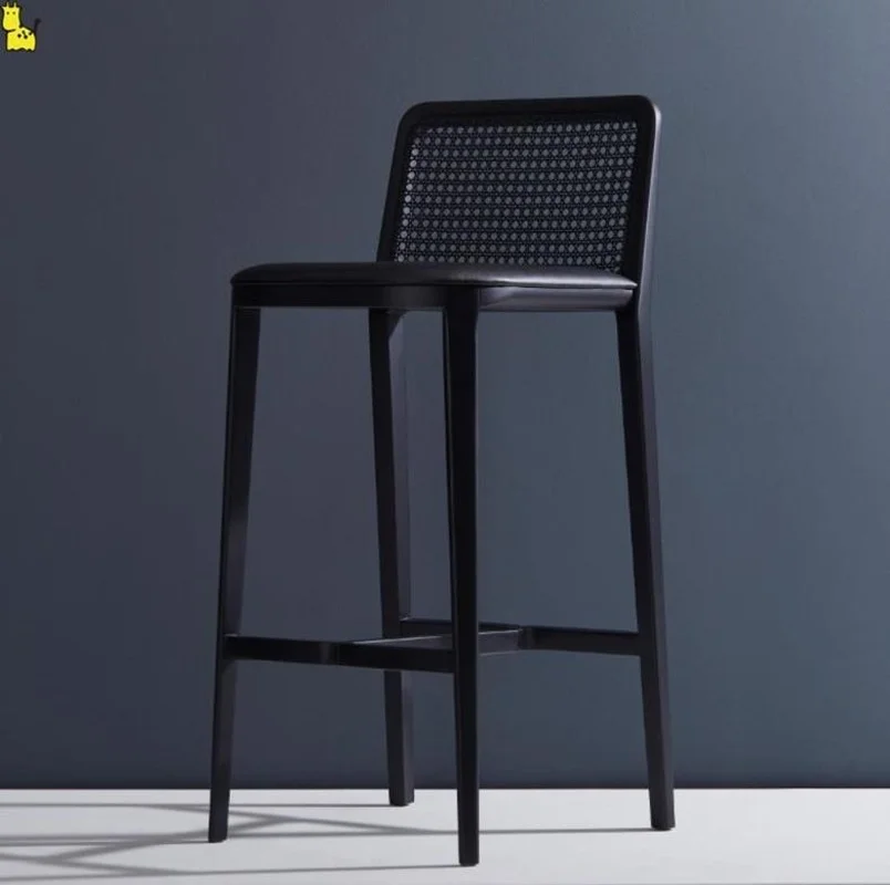 Customized Bar Chairs Chinese Solid Wood   Designer Creative High Feet Stool Rattan Backrest Island  for Bedroom
