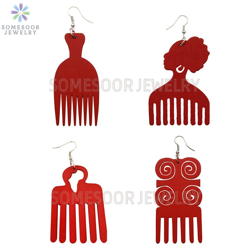 SOMESOOR 4 Styles Colorful African Comb Wooden Drop Earrings Engraved Afrocentric Ethnic Wood Dangle Jewelry For Women Gifts