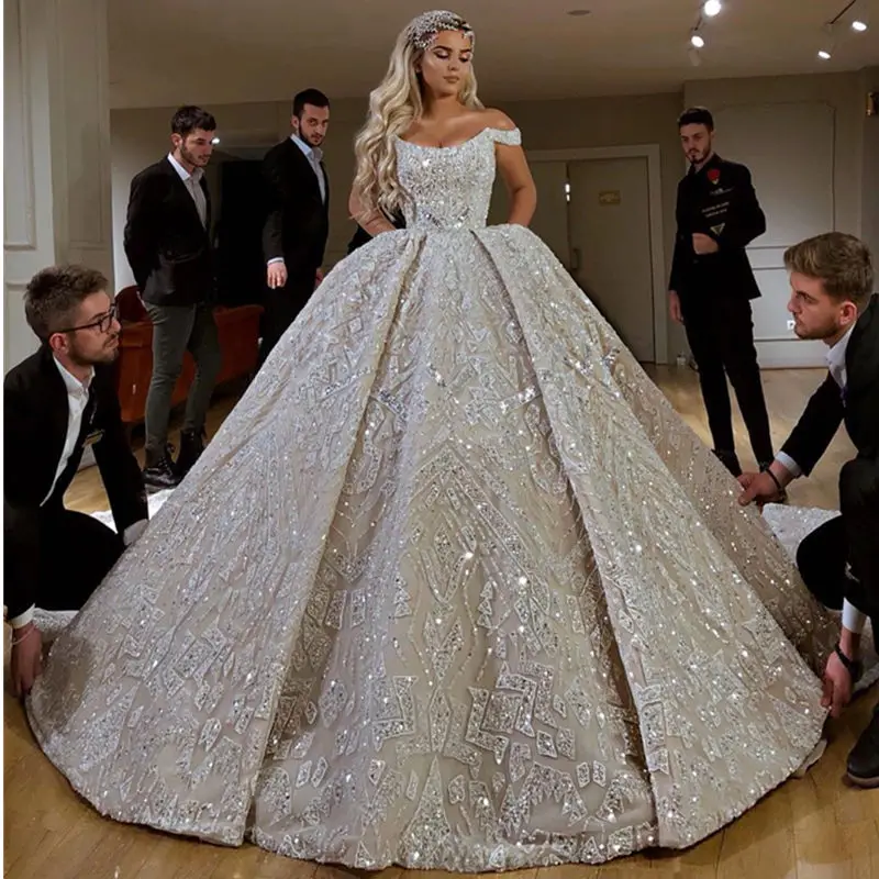 Robe De Mariee Luxury Full Beaded Ball Gown Wedding Dress in Dubai Scoop Neckline Off Shoulder Wedding Gowns with Court Train