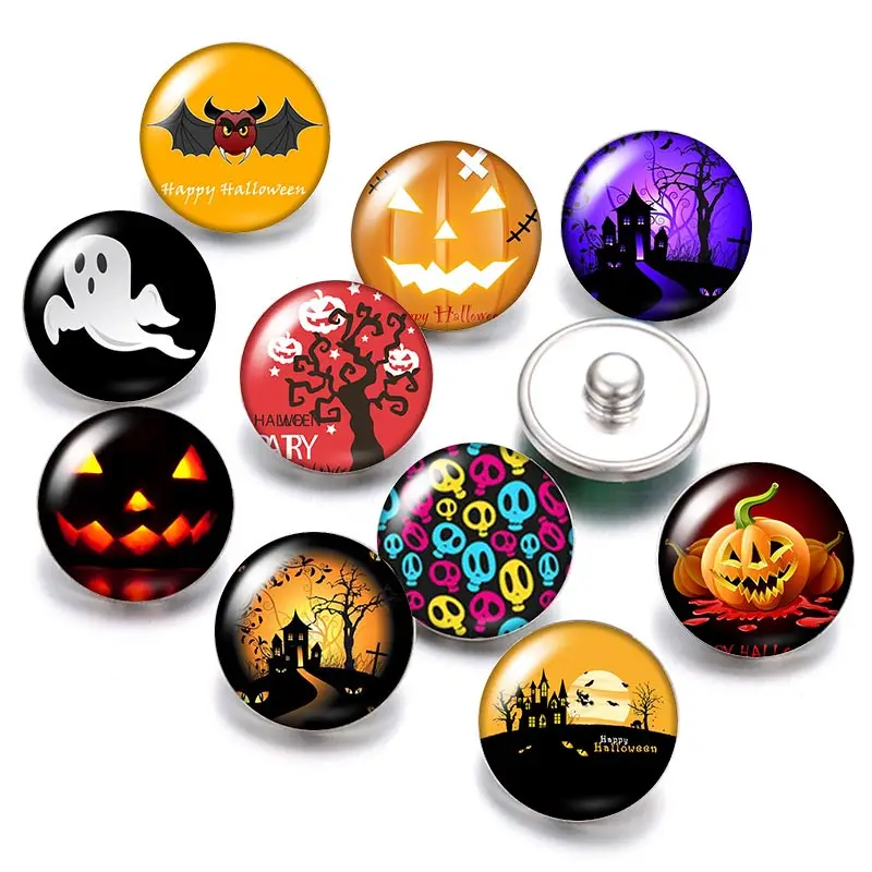 Halloween ghost pumpkin bat Spider 18mm snap buttons 10pcs mixed round photo glass cabochon style for snap button jewelry