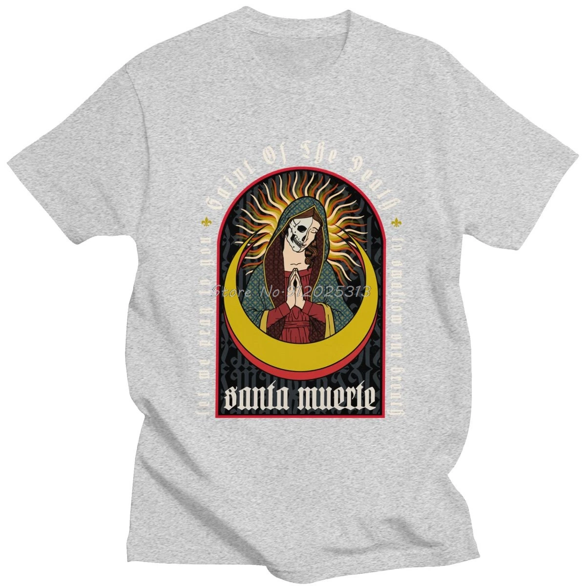 Fashion La Santa Muerte T Shirt Men Short Sleeve Cotton Streetwear T-shirt Saint Of The Death Tee Goth Mexican Skull Tshirt Gift