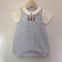 Summer Baby Boutique Clothes Coverrall Boys Short Sleeve Striped Romper Soldiers Embroidered Cotton Jumpsuit British Style Cute