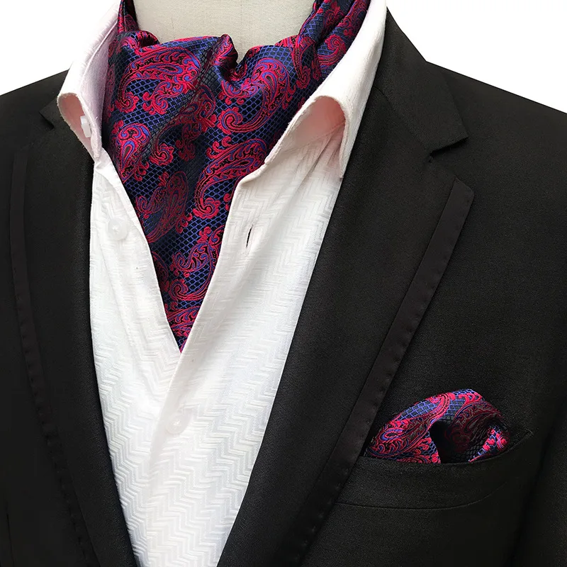 Mans Vintage  Ascot Tie Pocket Square Set Luxury Mans Paisley Flower Cravat Neck Tie Handkerchief Gifts for Men