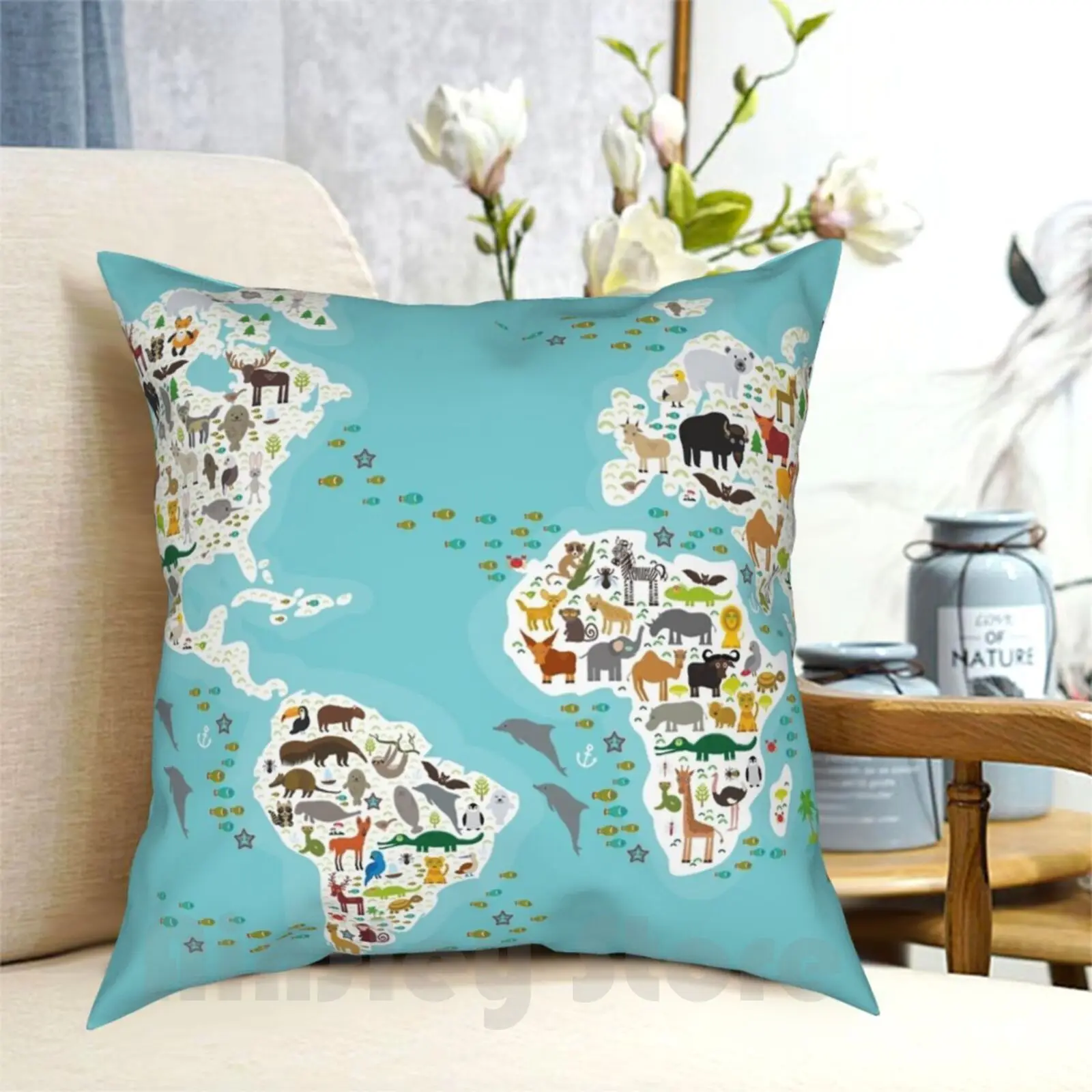 Cartoon Animal World Map For Children And Kids , Animals From All Over The World , White Continents And Islands On Blue