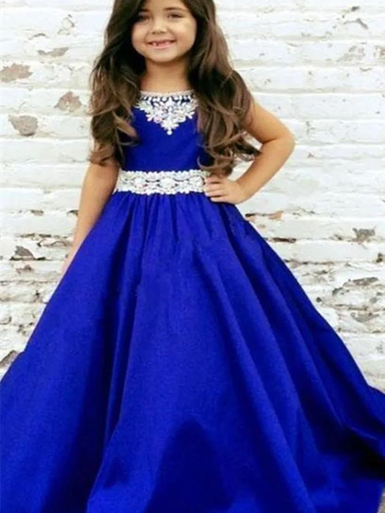 

Royal Blue Flower Girl Dresses Floor Length Sleeveless Applique Girls Pageant Dress First Communion Princess Party Dresses