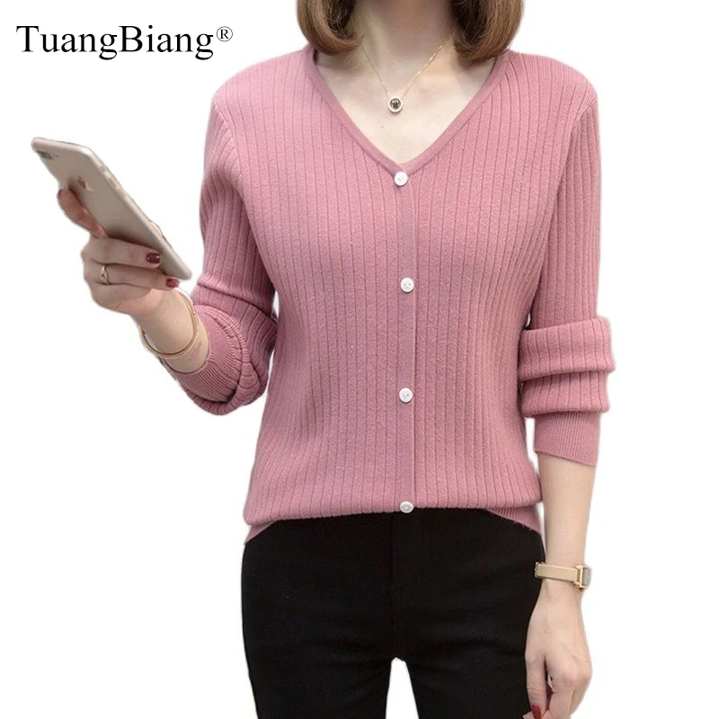 

TuangBiang Button V-Neck Solid Long Sleeve Knit Pullovers Single-Breasted Fake Cardigan 2021 Fashion Autumn Women Ribbed Sweater