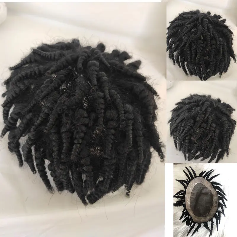 Toupee for Black Men Toupee Hair Afro Curly Toupee 8x10'' PU And Mono Lace System 100% Human Hair With 1B Color Toupee Hairpiece