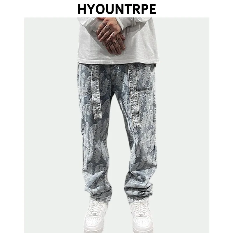 High Street Feathers Embroidery Denim Pants Mens Zipper Straight Jeans Trouser with Belt Hip Hop Streetwear Loose Joggers Pants