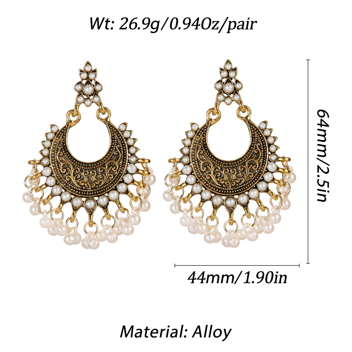 Luxury Retro Big Sector Carved Indian Earrings Fro Women Piercing Ethnic Bollywood Pearl Tassel Earrings