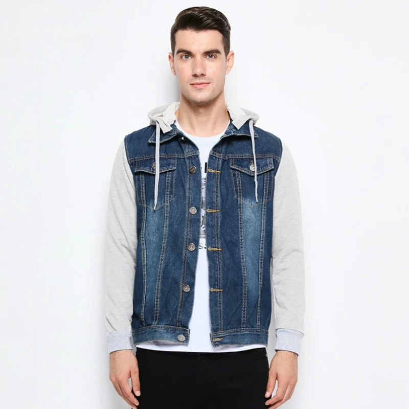 Denim Jacket Men Hooded Jeans Jackets Mens Fashion Patchwork Hoodies Casual Cowboy Mens Jacket Streetwear Mens Jackets and Coats