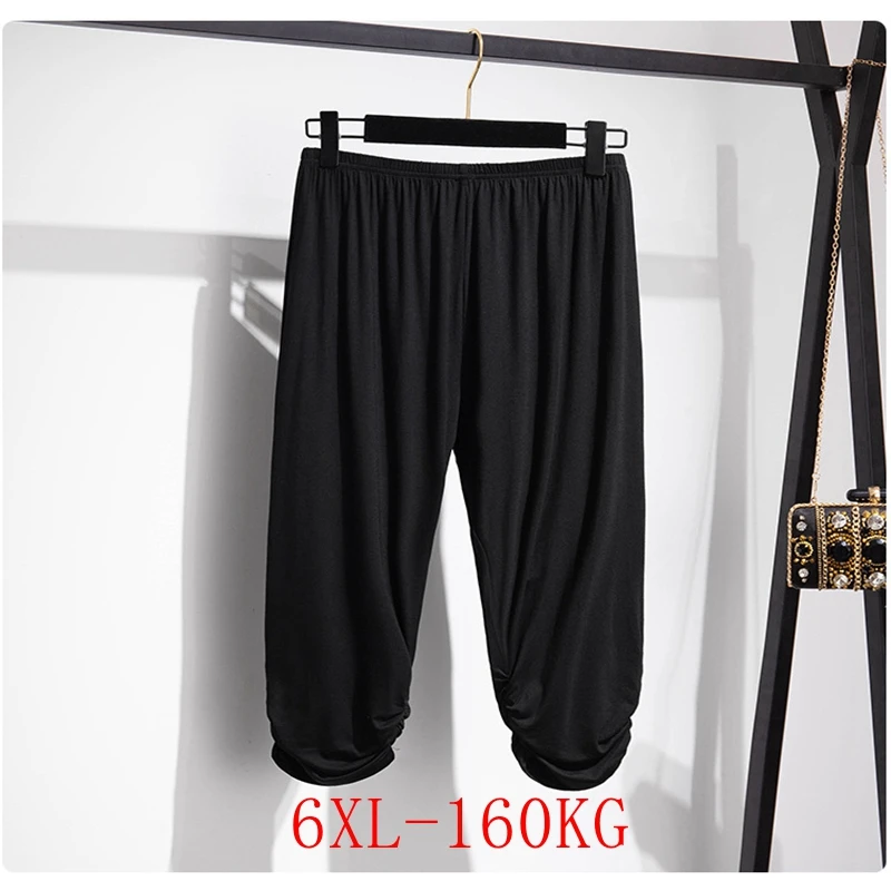 

Summer plus size women's high-elastic leggings 4XL 5XL 6XL fashion casual solid color elastic bottom cropped pants.