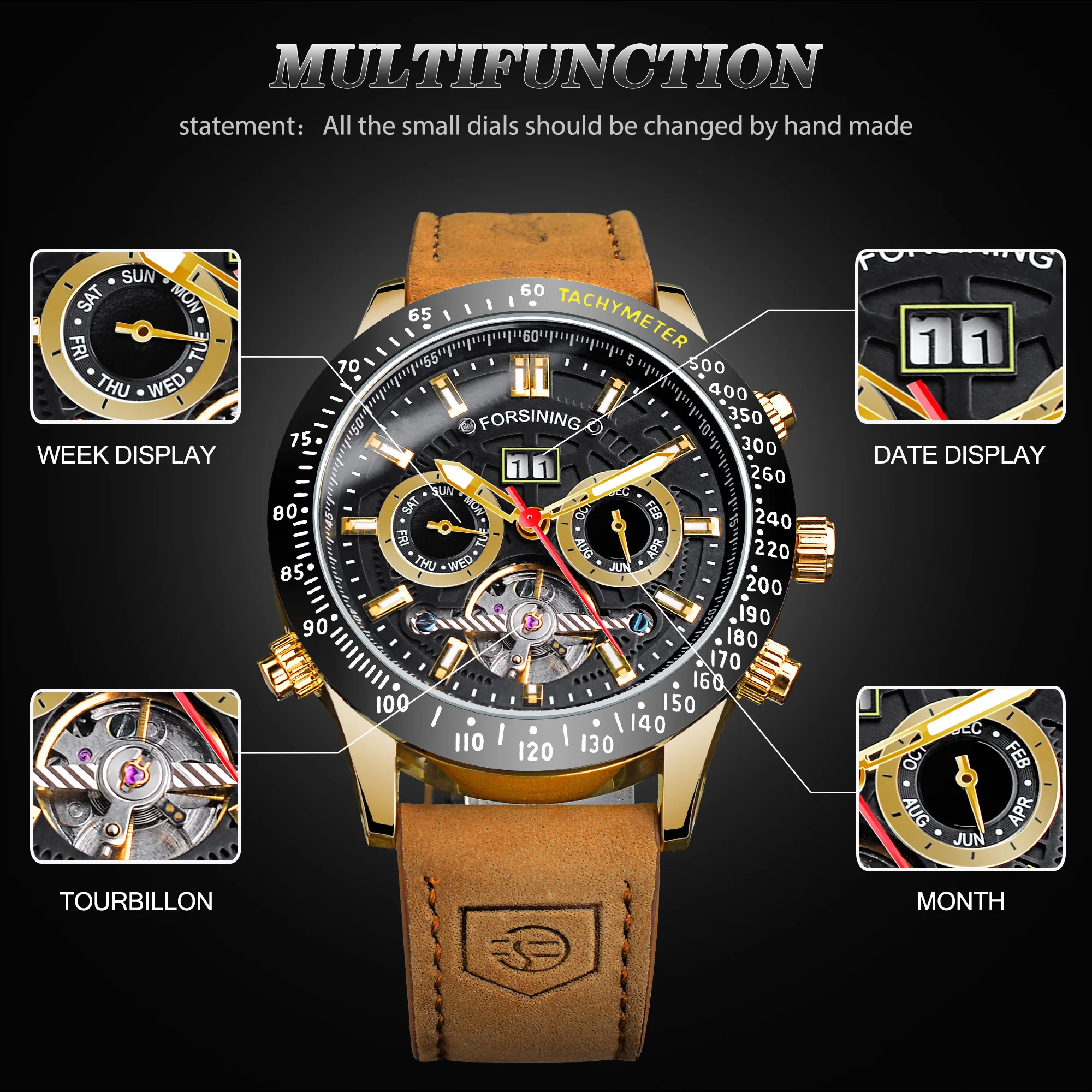 Forsining Chronograph Automatic Men Military Watch Hollow Mechanical Wristwatch 3bar Genuine Leather Mens Tourbillon Watches