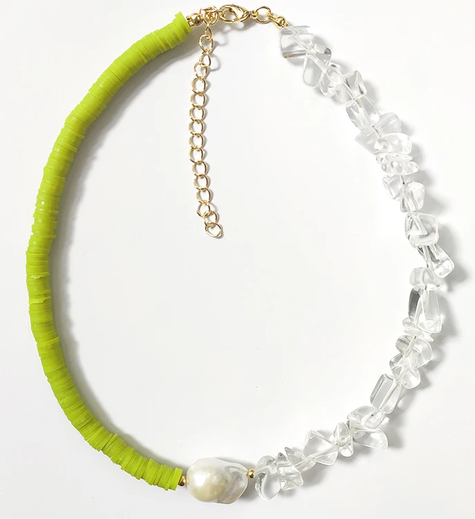 

HABITOO Natural Stitching Transparent Crystal White Baroque Freshwater Pearl Green Bead Necklace for Women Jewelry Lobster Clasp