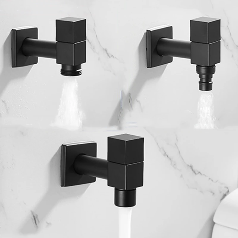 Black Square Bibcock Brass Wall Mounted Bathroom Corner Washing Machine Faucet Exterior Garden Bibcock Bath Toilet Mop Pool Taps