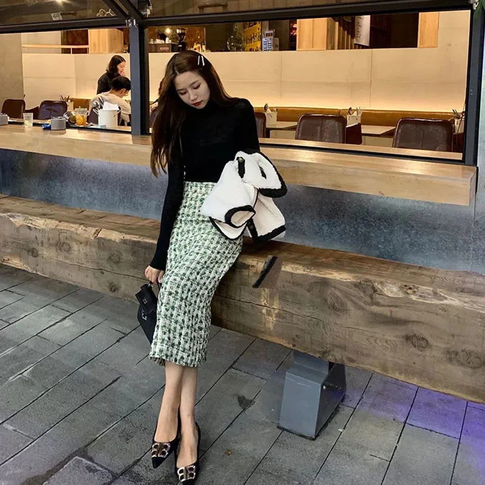 2023 Autumn New Small Fragrant Wind Tweed Skirt Office Lady Mid-length High Waist Business Plaid Elegant Bag Hip One Step Skirt