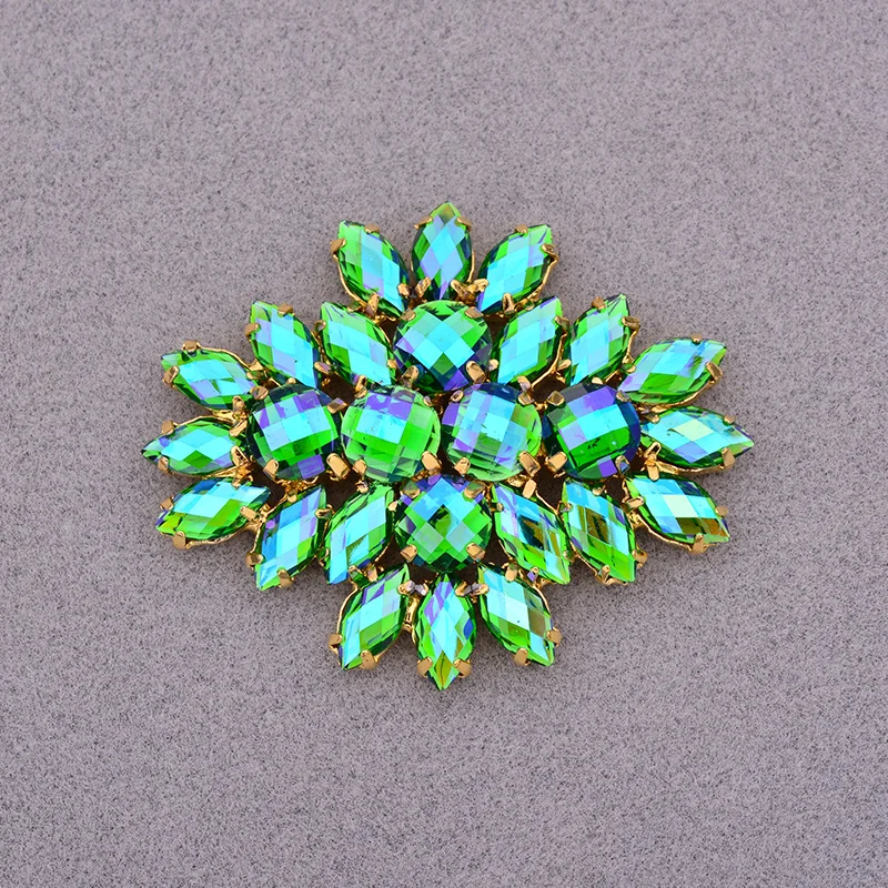 JUNAO 2pc 45*59mm Blue AB Large Flower Glass Claw Rhinestones Applique Sewn Strass Crystal Stones For Wedding Dress Crafts